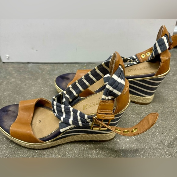 Sperry Top Sider Aurora Blue White Cross Striped Leather Wedge Sandals Size 8 - Picture 6 of 15